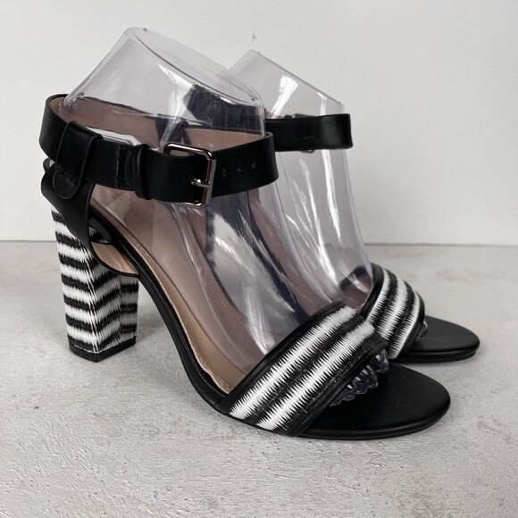 MODERN RUSH Black/White Striped Block Heel Ankle Strap Heels Sz 9 - Picture 3 of 8